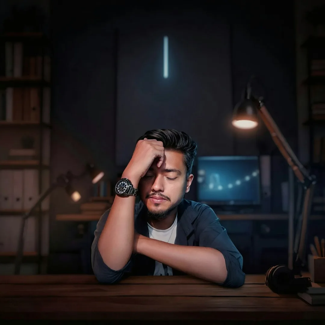 آدمی خسته با دست روی پیشانی پشت میز کار، در نور کم شب