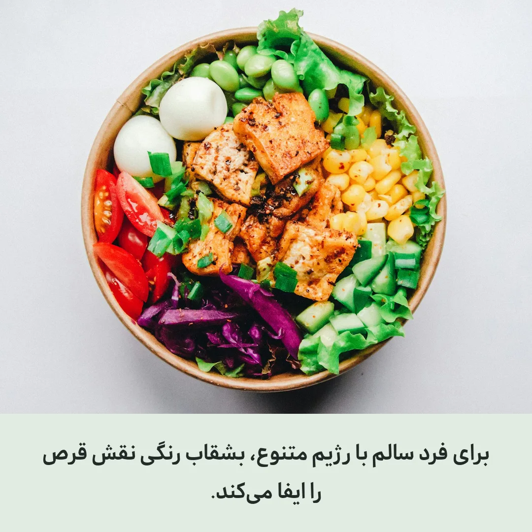 بشقاب سالاد رنگی شامل سبزیجات، مغزها و حبوبات
